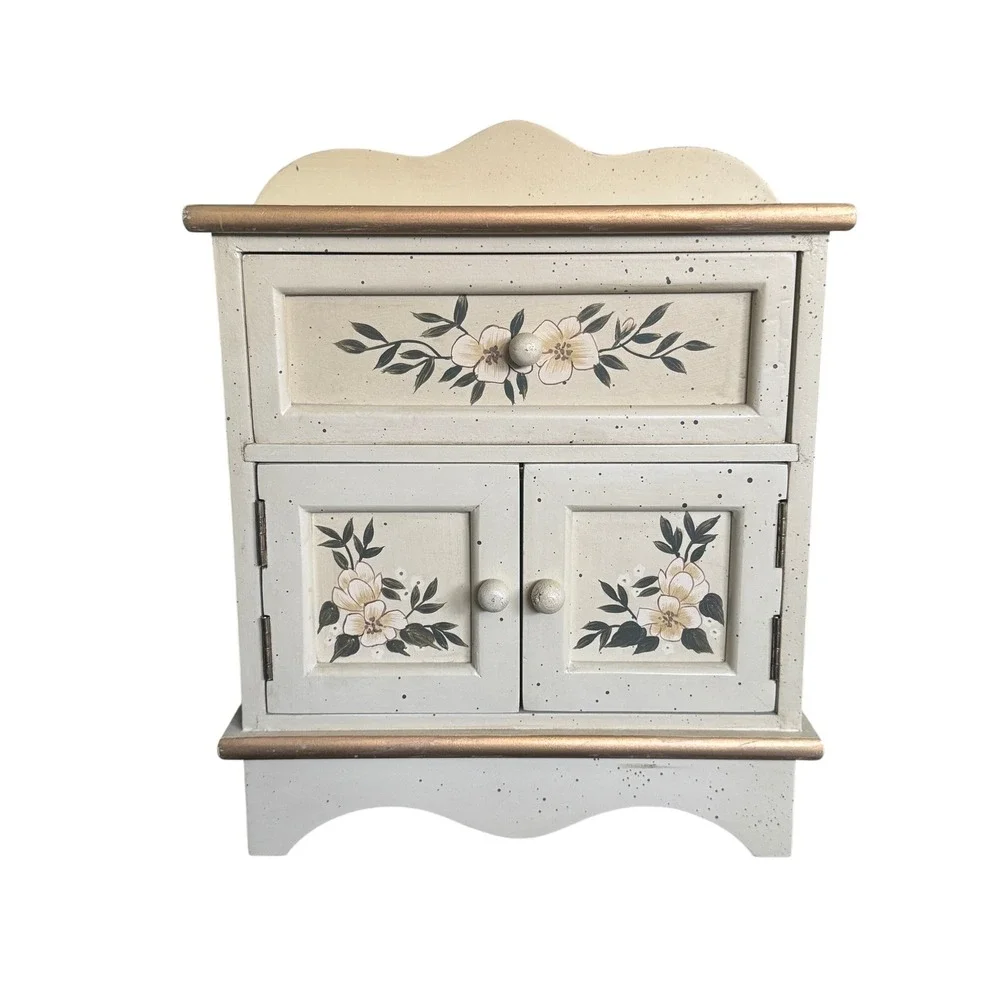 Vintage Floral Wooden Jewelry Box Armoire Cream Hand Painted